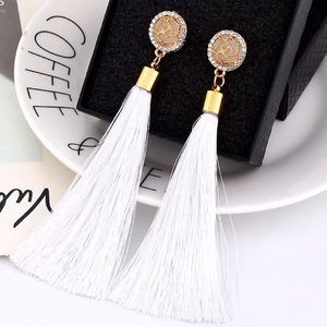 Women Thread Long Tassel Earrings Rhinestone White